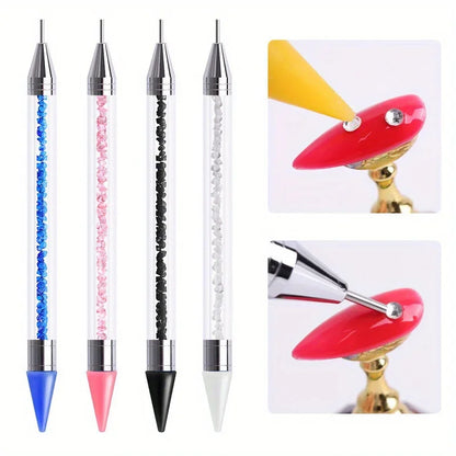 2Pcs set of manicure double-ended diamond pens with crayons stainless steel tweezers nail art grafting eyelashes manicure tools