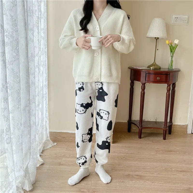 Christmas Sanrio Hello Kitty Pajamas Halloween Flannel Fashion Trouserswomen Kawaii Woolen Anime Cartoon Casual Home Pant Autumn