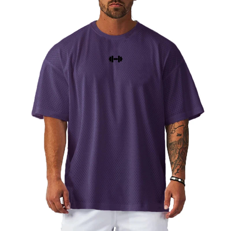 Oversized Loose Short Sleeve Quick Dry Shirt Gym Bodybuilding Breathable Cool Mesh Clothing Mens Fitness Workout Muscle T-shirts