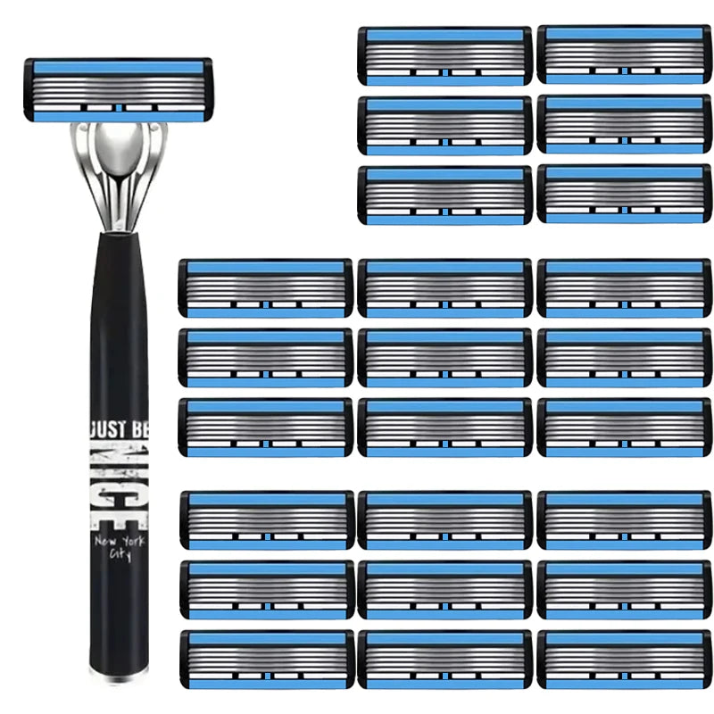 Men's 6-Blade Manual Razor with Non-Slip Handle and Multiple Replacement Blades - Ideal for Trimming Beards and Mustaches