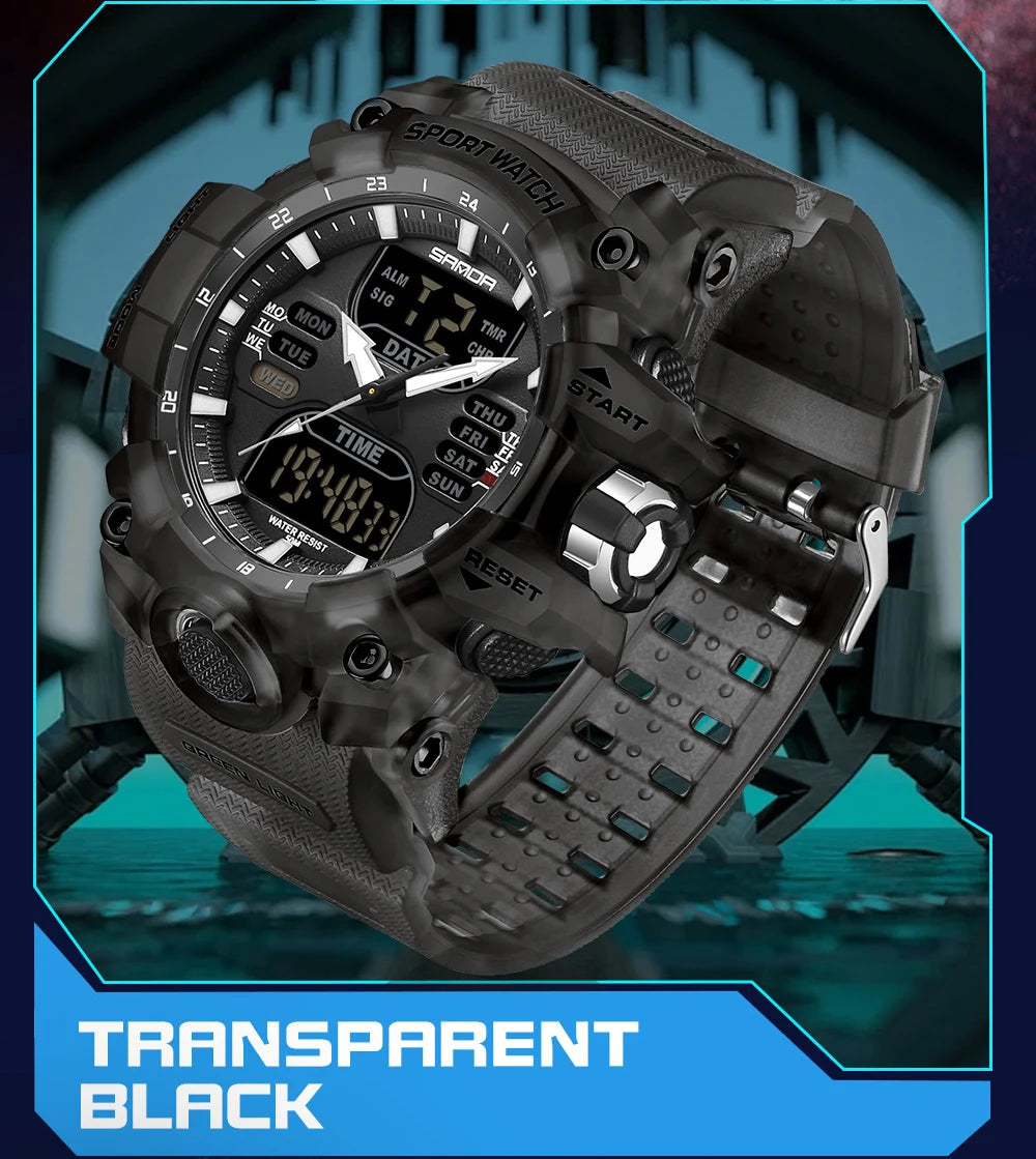 SANDA Outdoor Sports Military Mens Watch LED Digital Electron Quartz Male Wristwatch Dual Display Clock Men Relogio Masculino