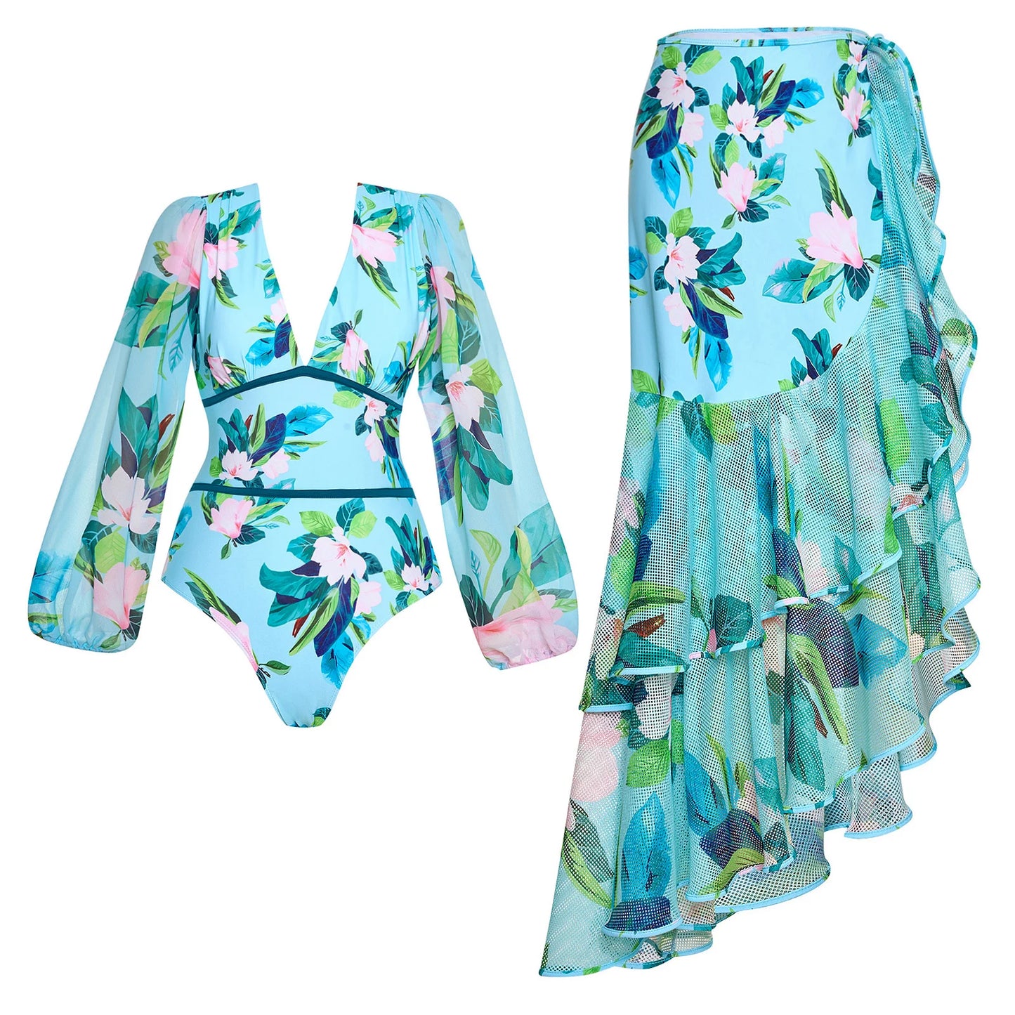 Blue One-Shoulder Ruffled Print Floral Swimsuit Set Cover Up Single Piece Micro Monokini Sexy Swimwear For Girls Summer Beach