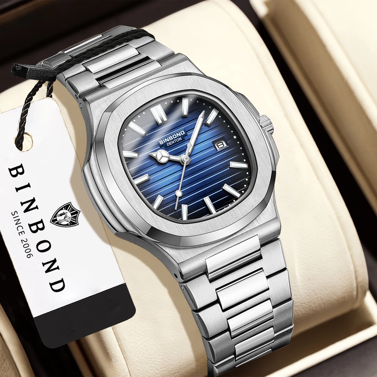 BINBOND sturdy stainless steel strap quartz wristwatches for men luxury luminous waterproof auto date accurate men's watch reloj