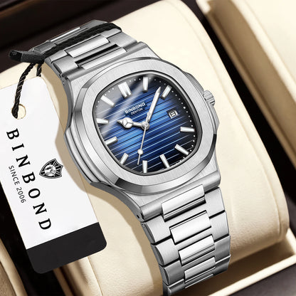 BINBOND sturdy stainless steel strap quartz wristwatches for men luxury luminous waterproof auto date accurate men's watch reloj