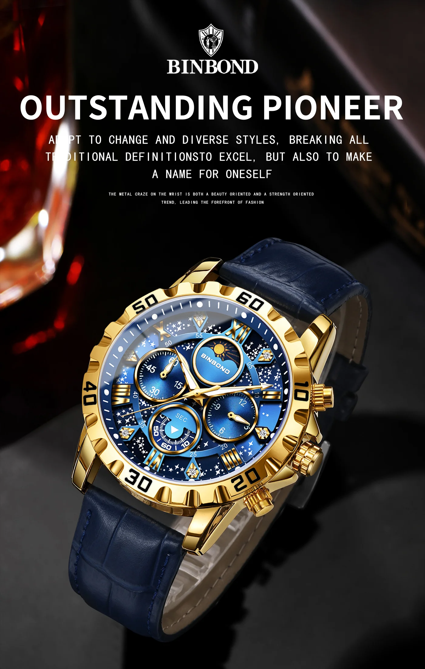 BINBOND Genuine accurate quartz wristwatches for men luxury luminous waterproof chronograph leather strap men's watch reloj