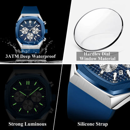 POEDAGAR Business Men's Watch Chronograph Date Silicone Strap Quartz Man Watch Waterproof Luminous Fashion Watches For Men Reloj