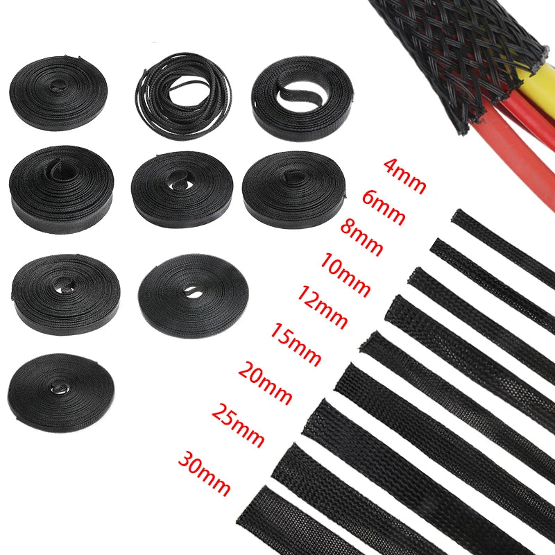 5M Tight PET Expandable Cable Sleeves Wire Gland Cables Protection Ø:4/6/8/10/12/15/20/25mm Insulation Braided Sleeving