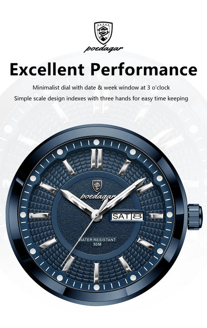 POEDAGAR Top Business Men Wristwatch Stainless Steel Waterproof Luminous Casual Man Watch Date Week Stylish Men's Quartz Watches