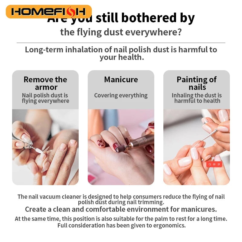 Turbine Brushless Nail Dust Remover Strong Suction 120W Nail Vacuum Cleaner for Manicure with Removable Filter Speed Adjustable