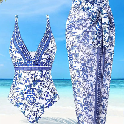 Blue One-Shoulder Ruffled Print Floral Swimsuit Set Cover Up Single Piece Micro Monokini Sexy Swimwear For Girls Summer Beach